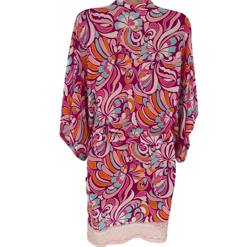 Josie Natori Womens Small Pink Psychedelic Floral Lace Trim Kimono Robe S